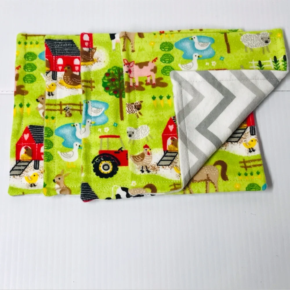 Reusable Set of Four 6” Farm Animals Tractors Kids Flannel Wash Cloths / Wipes